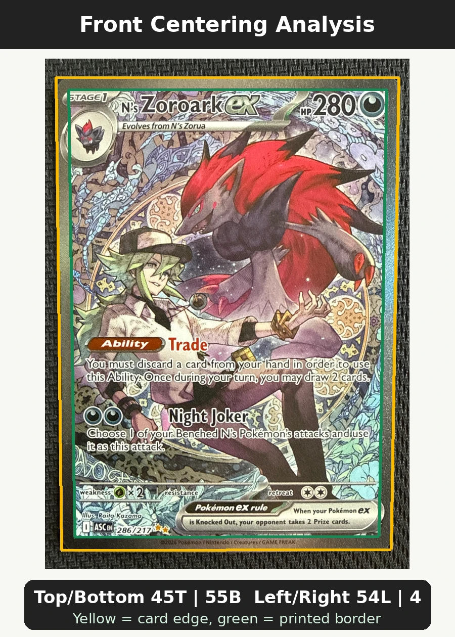 N's Zoroark ex 286/217 Ascended Heroes front centering analysis showing Top/Bottom 45T | 55B and Left/Right 54L | 46R.