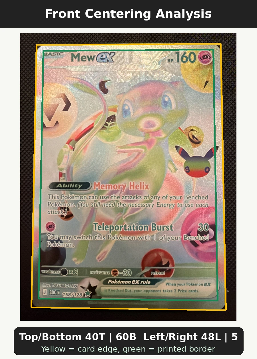 Mew ex 158/128 30th Celebration front centering analysis showing Top/Bottom 40T | 60B and Left/Right 48L | 52R.