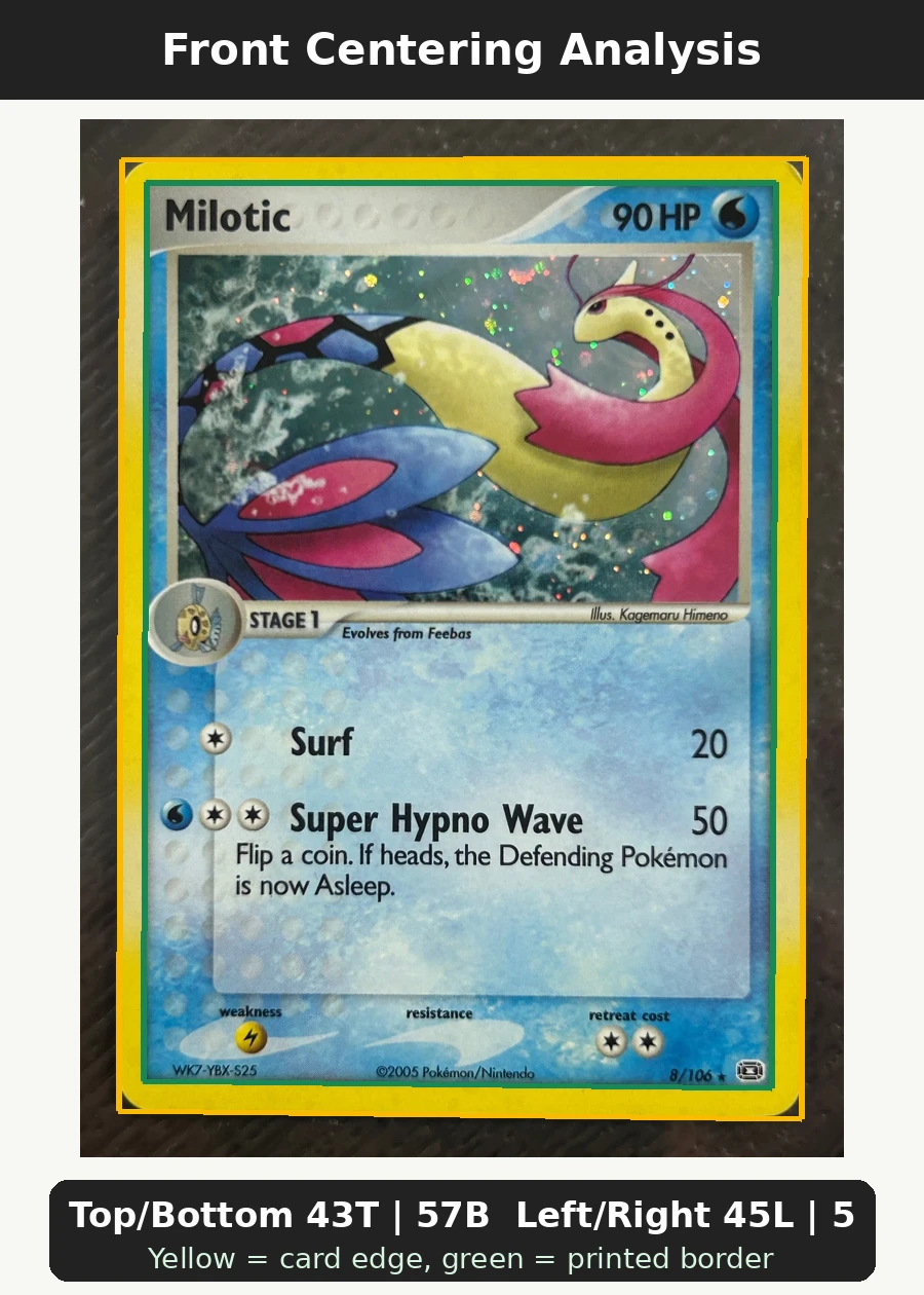 Milotic 008/106 Emerald front centering analysis showing Top/Bottom 43T | 57B and Left/Right 45L | 55R.