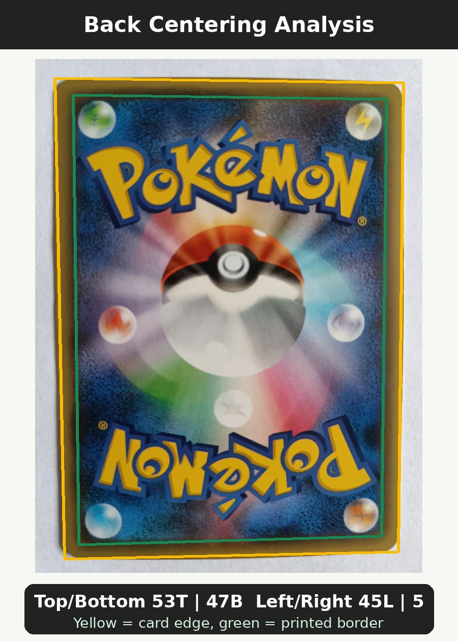 Mew 017 XY110 XY Black Star Promos back centering analysis showing Top/Bottom 53T | 47B and Left/Right 45L | 55R.