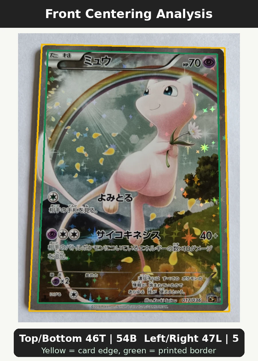 Mew 017 XY110 XY Black Star Promos front centering analysis showing Top/Bottom 46T | 54B and Left/Right 47L | 53R.
