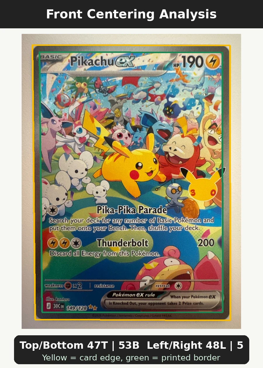 Pikachu ex 149/128 30th Celebration front centering analysis showing Top/Bottom 47T | 53B and Left/Right 48L | 52R.