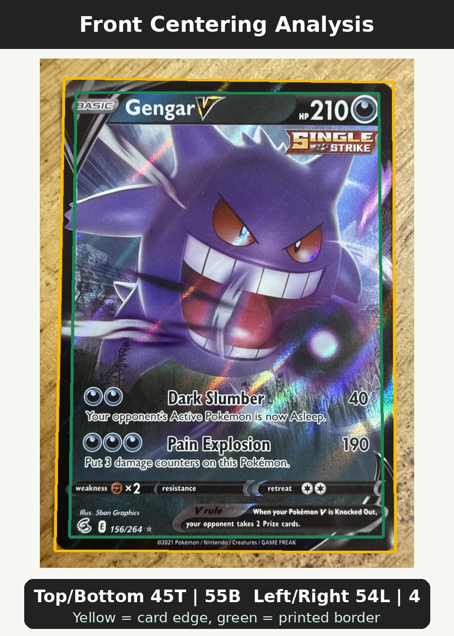 Gengar V 156/264 Fusion Strike front centering analysis showing Top/Bottom 45T | 55B and Left/Right 54L | 46R.