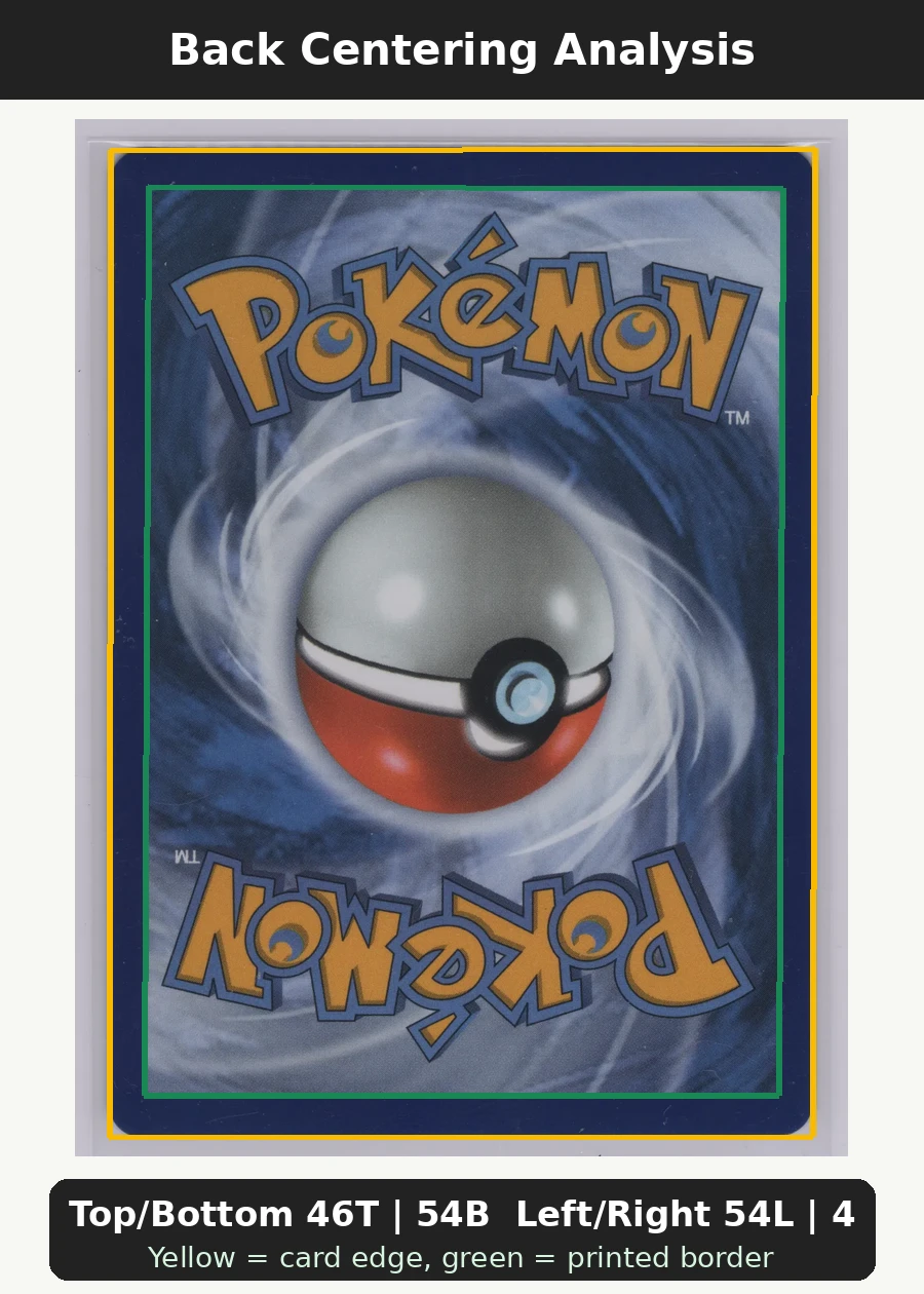 N's Zoroark ex 286/217 Ascended Heroes back centering analysis showing Top/Bottom 46T | 54B and Left/Right 54L | 46R.