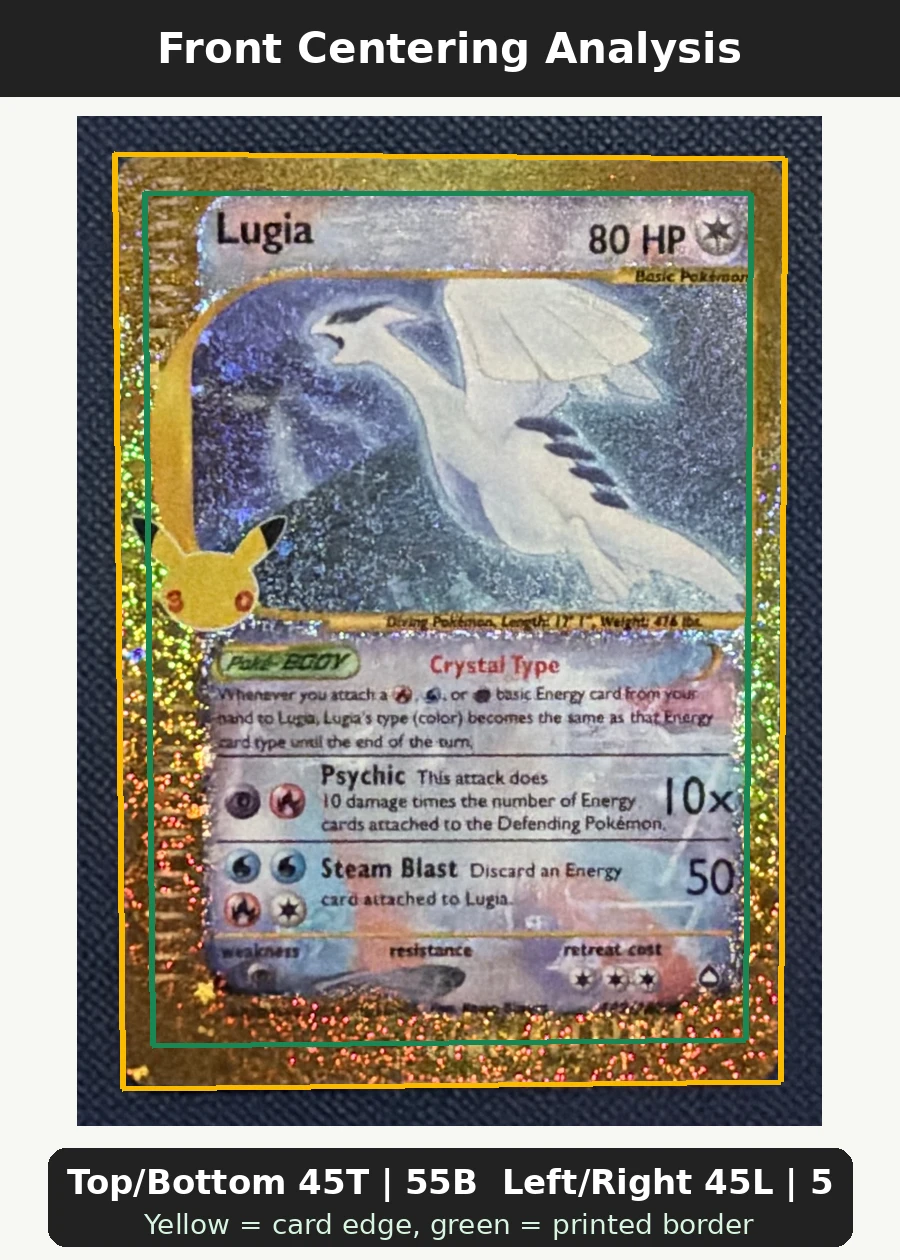 Lugia 149 30th Classic Collection front centering analysis showing Top/Bottom 45T | 55B and Left/Right 45L | 55R.