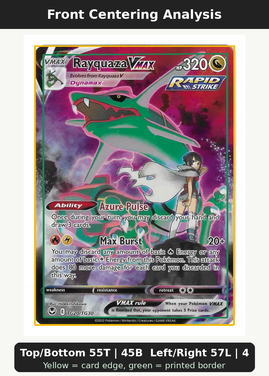 Rayquaza VMAX TG20/195 Silver Tempest front centering analysis showing Top/Bottom 55T | 45B and Left/Right 57L | 43R.