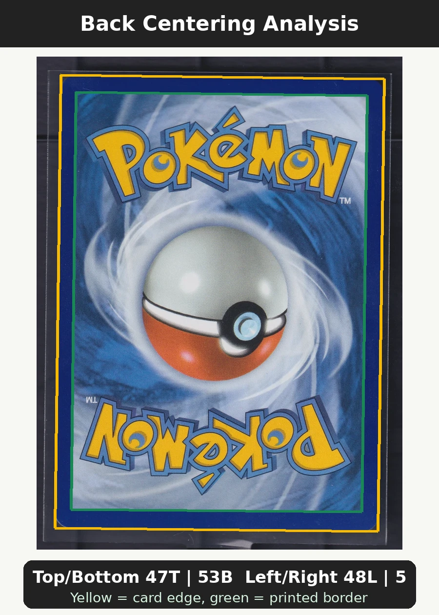 Mega Darkrai ex 116/84 Pitch Black back centering analysis showing Top/Bottom 47T | 53B and Left/Right 48L | 52R.