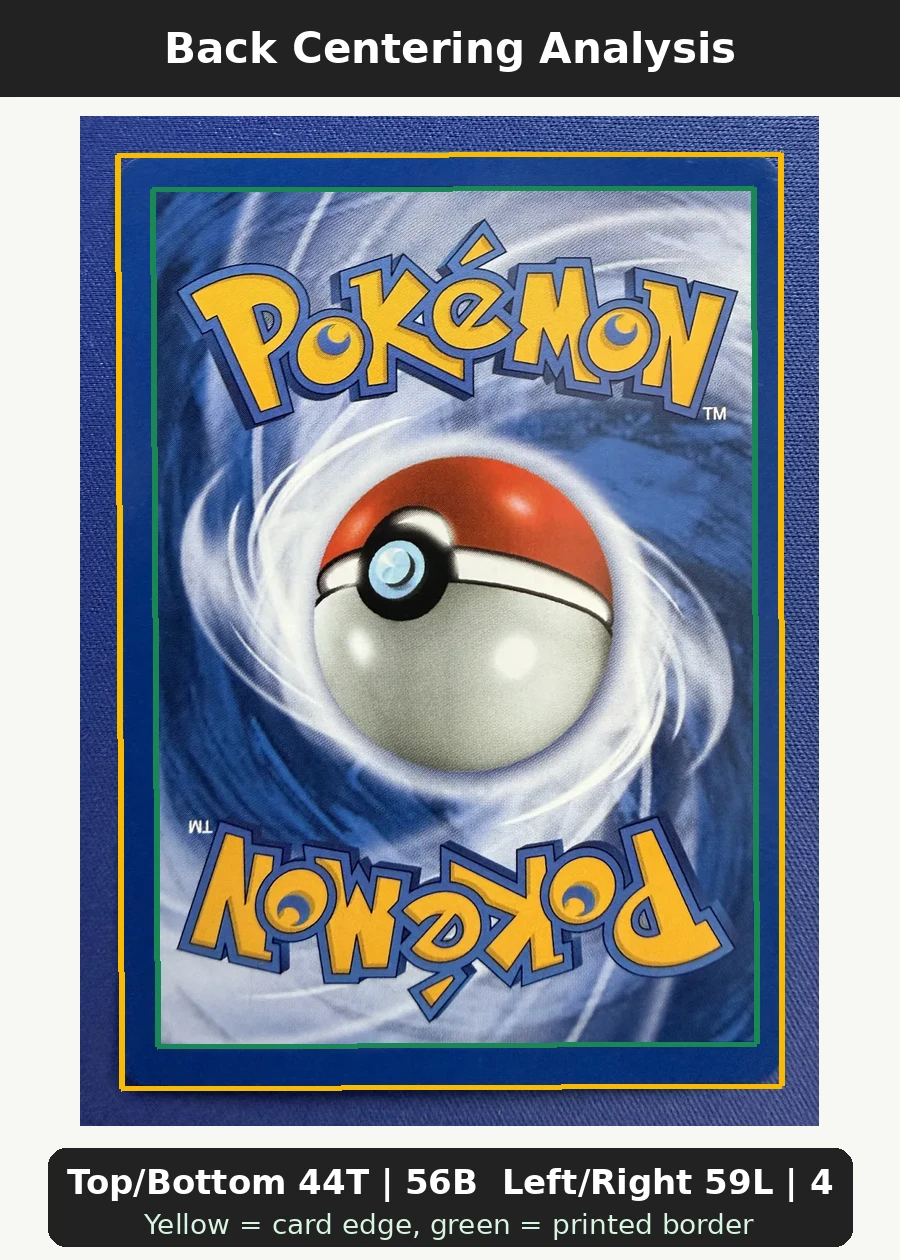 Umbreon 013/75 Neo Discovery back centering analysis showing Top/Bottom 44T | 56B and Left/Right 59L | 41R.