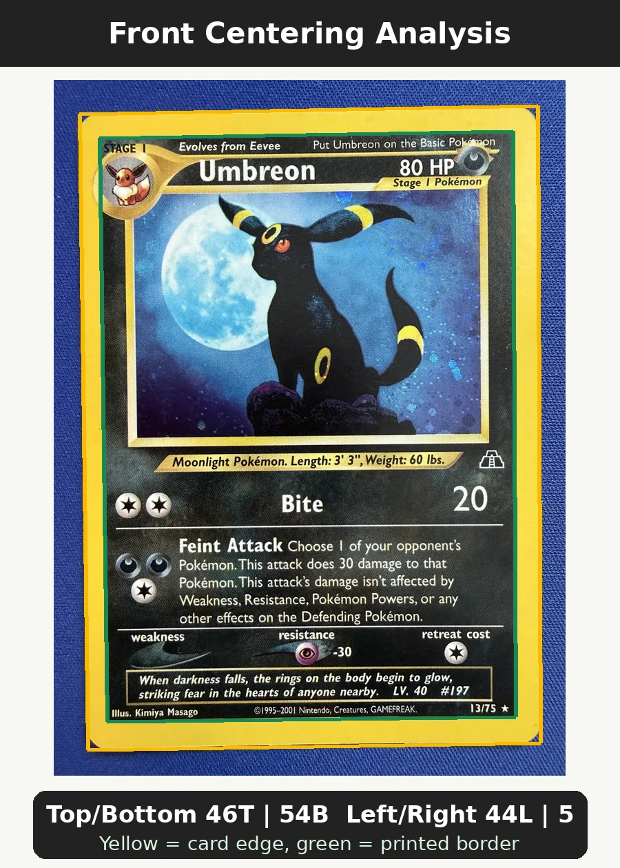 Umbreon 013/75 Neo Discovery front centering analysis showing Top/Bottom 46T | 54B and Left/Right 44L | 56R.
