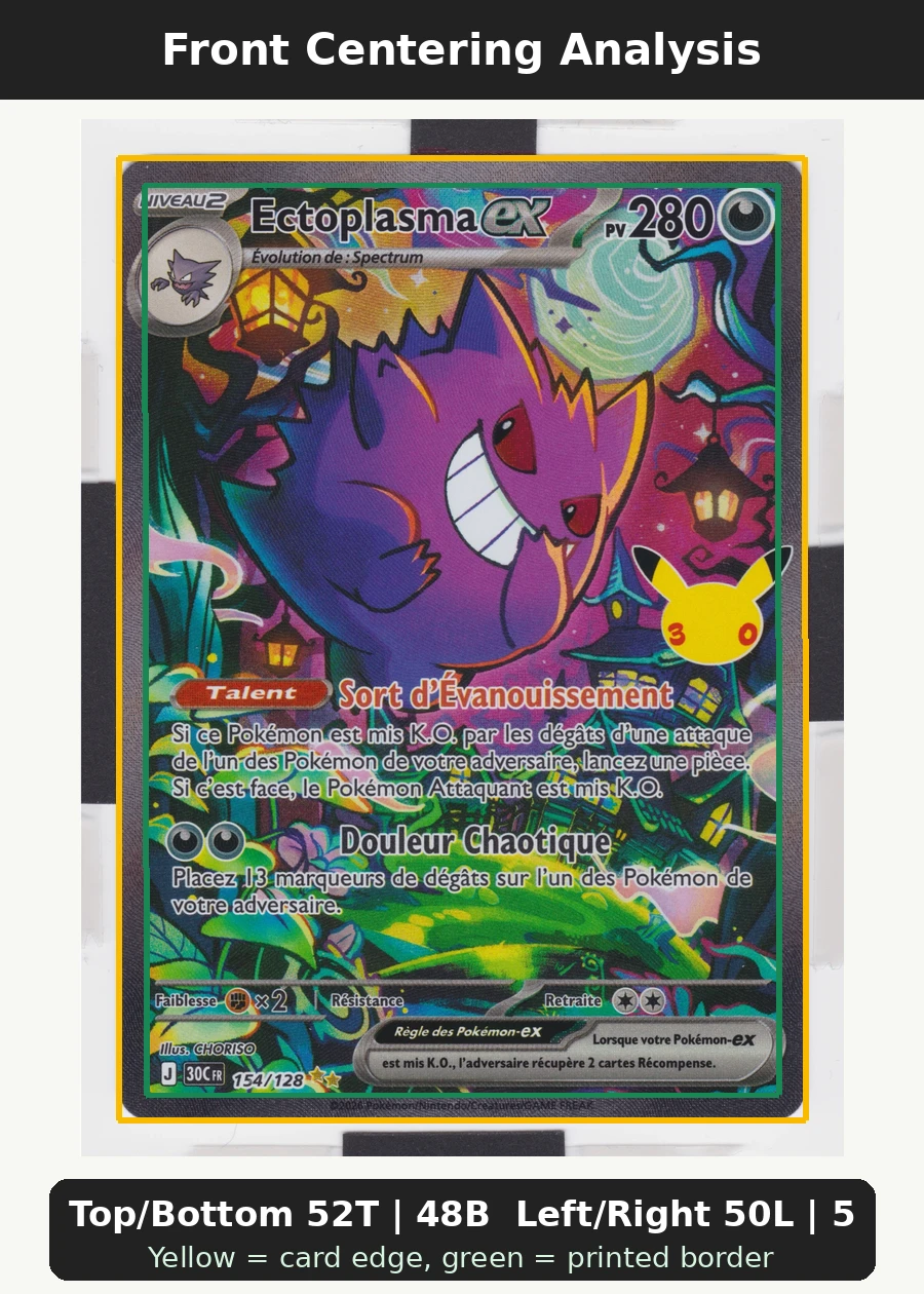 Gengar ex 154/128 30th Celebration front centering analysis showing Top/Bottom 52T | 48B and Left/Right 50L | 50R.