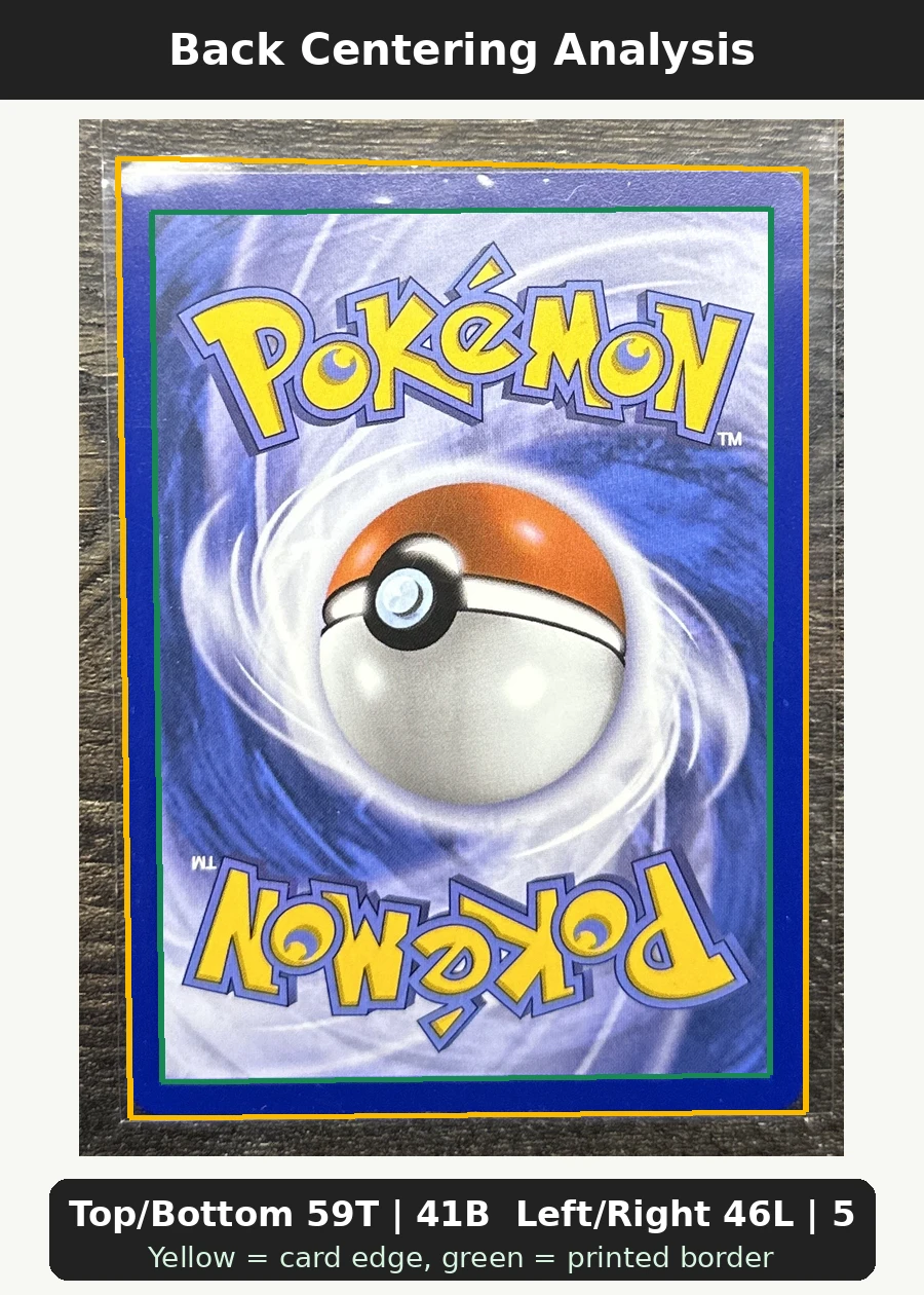 Magikarp 203 30th Classic Collection back centering analysis showing Top/Bottom 59T | 41B and Left/Right 46L | 54R.