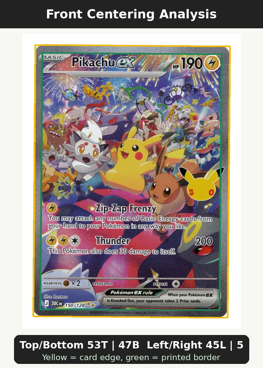 Pikachu ex 150/128 30th Celebration front centering analysis showing Top/Bottom 53T | 47B and Left/Right 45L | 55R.