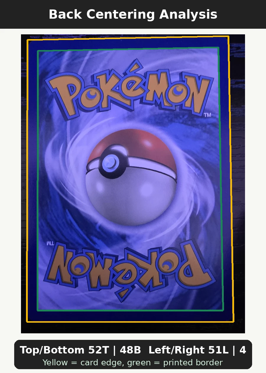 Eevee SM235/248 SM Black Star Promos back centering analysis showing Top/Bottom 52T | 48B and Left/Right 51L | 49R.