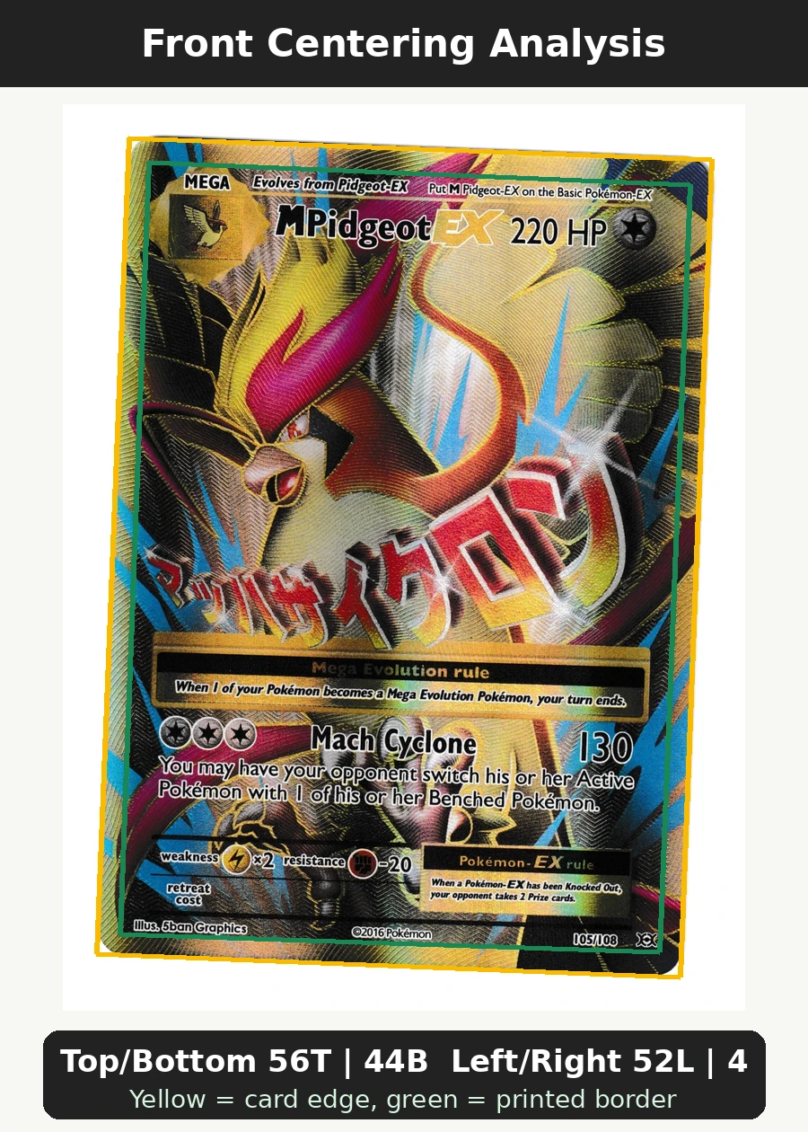 M Pidgeot EX 105/108 Evolutions front centering analysis showing Top/Bottom 56T | 44B and Left/Right 52L | 48R.