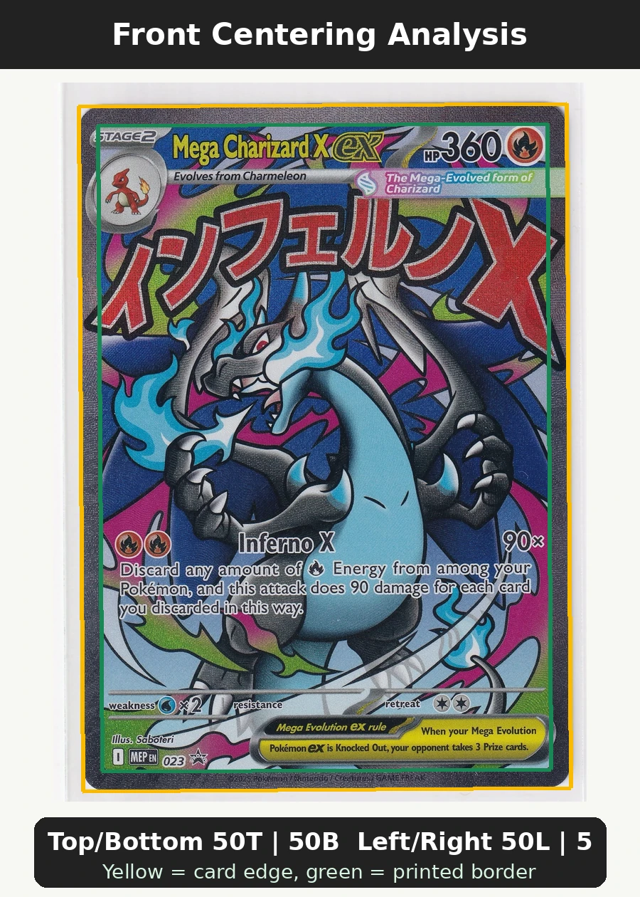 Mega Charizard X ex 023 MEP Black Star Promos front centering analysis showing Top/Bottom 50T | 50B and Left/Right 50L | 50R.