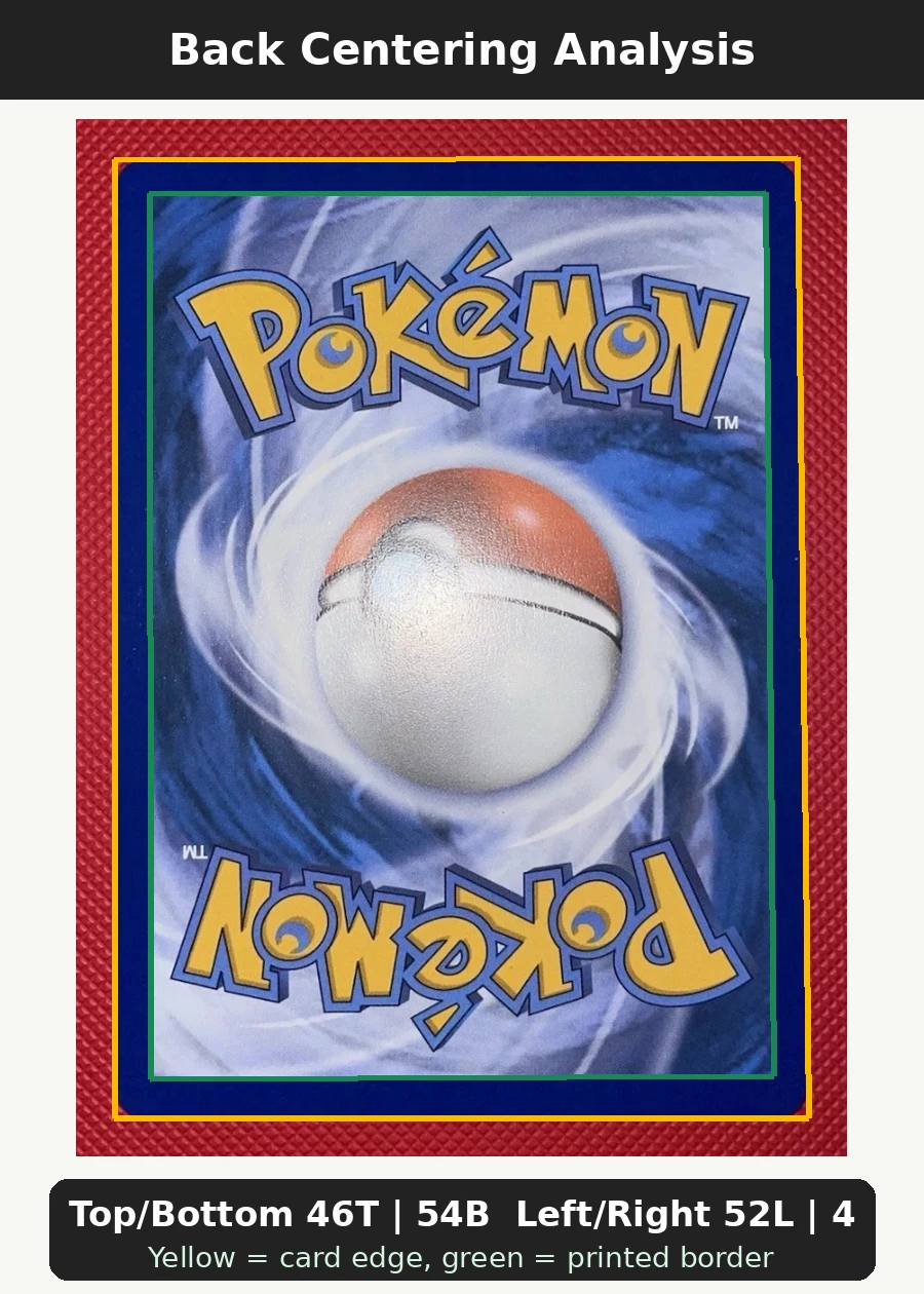 Haunter 027 MEP Black Star Promos back centering analysis showing Top/Bottom 46T | 54B and Left/Right 52L | 48R.