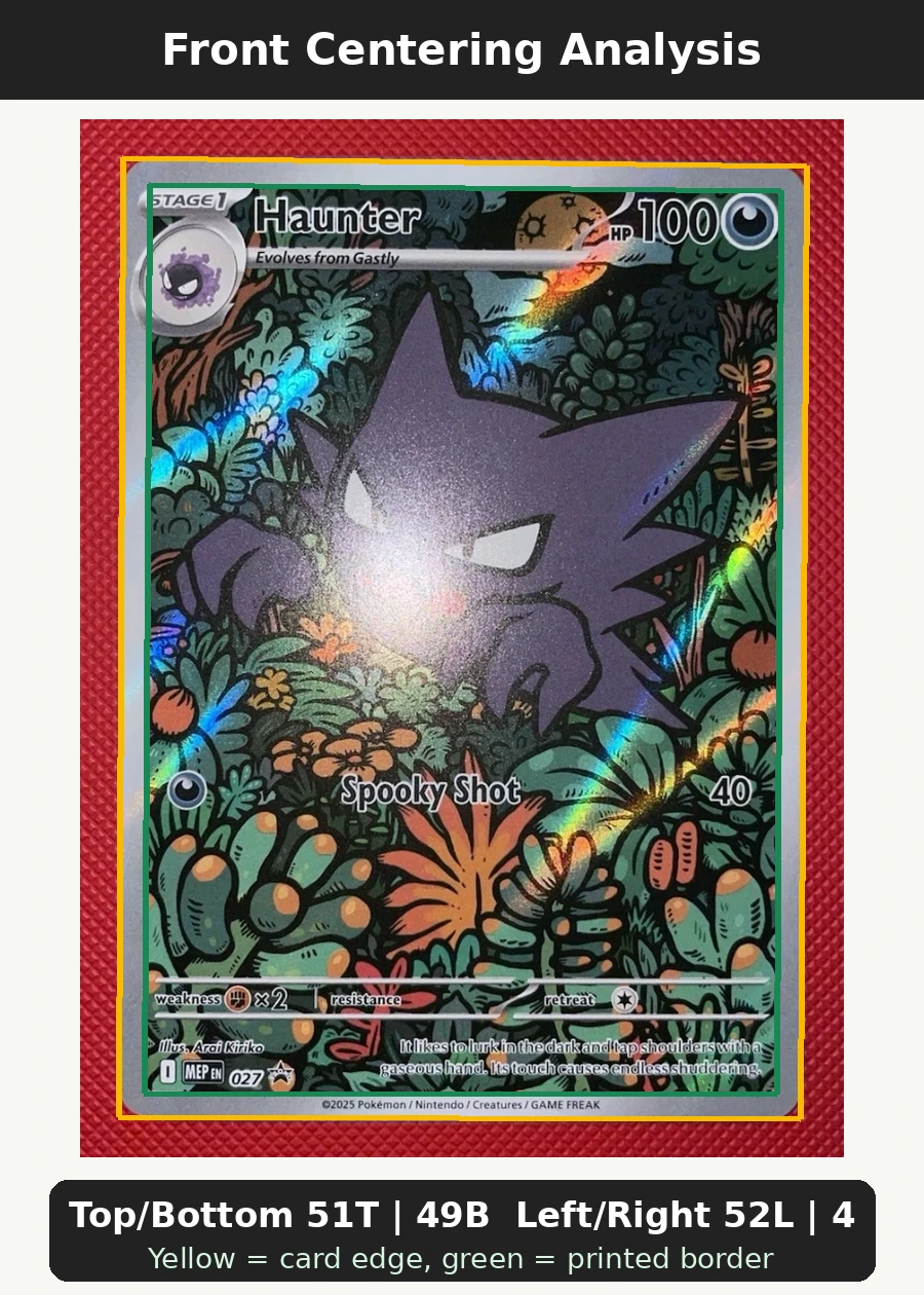 Haunter 027 MEP Black Star Promos front centering analysis showing Top/Bottom 51T | 49B and Left/Right 52L | 48R.