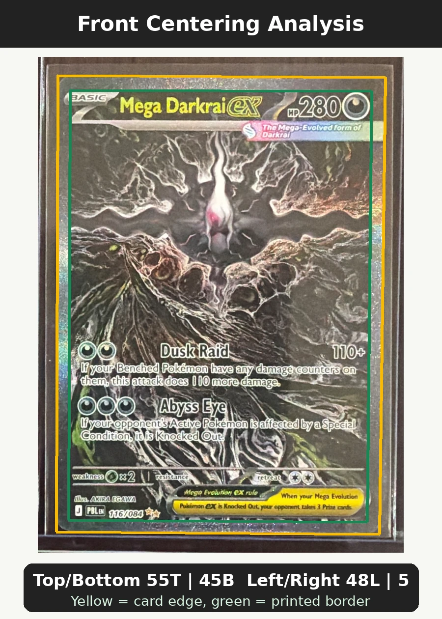 Mega Darkrai ex 116/84 Pitch Black front centering analysis showing Top/Bottom 55T | 45B and Left/Right 48L | 52R.