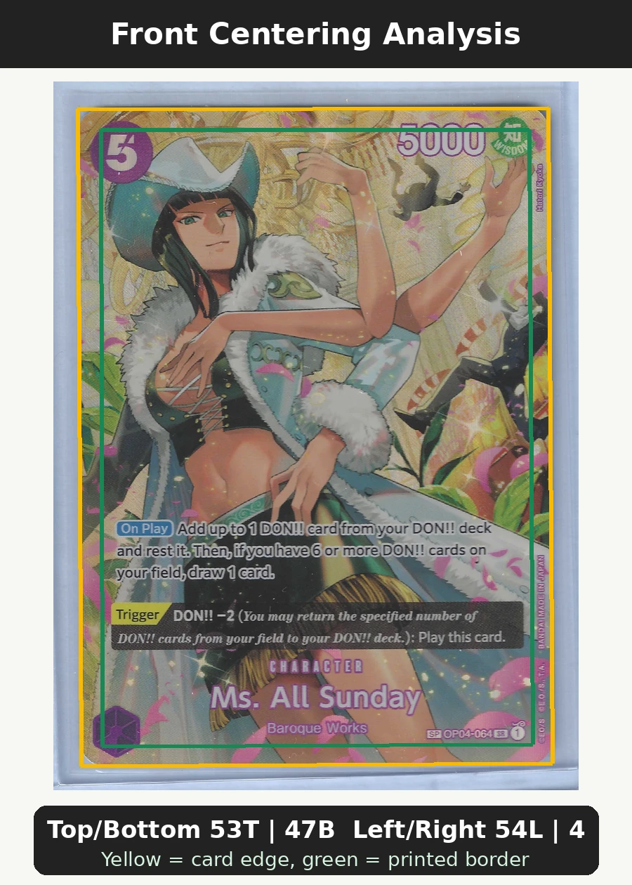 Ms. All Sunday (OP04-064) OP04-064 Kingdoms of Intrigue front centering analysis showing Top/Bottom 53T | 47B and Left/Right 54L | 46R.