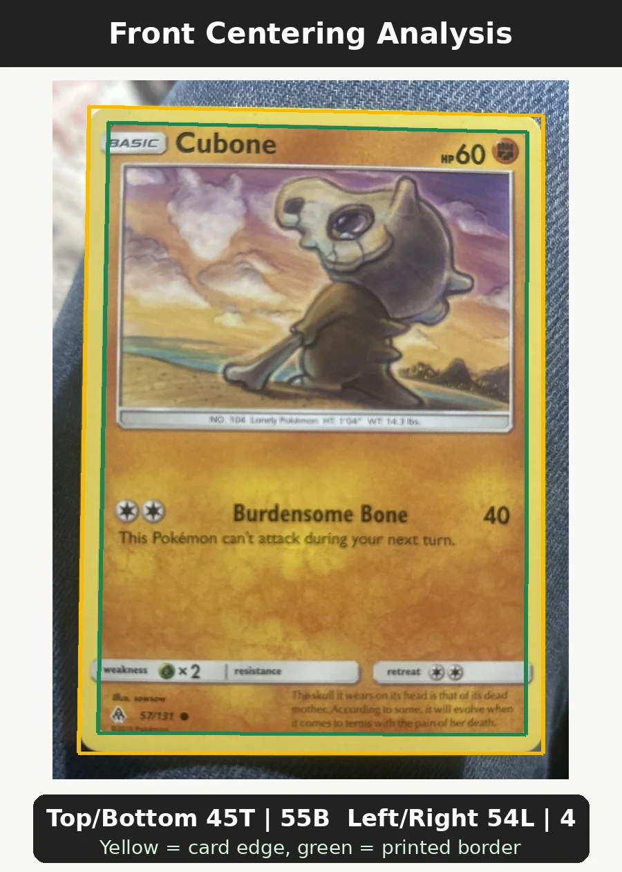 Cubone 057/131 Forbidden Light front centering analysis showing Top/Bottom 45T | 55B and Left/Right 54L | 46R.