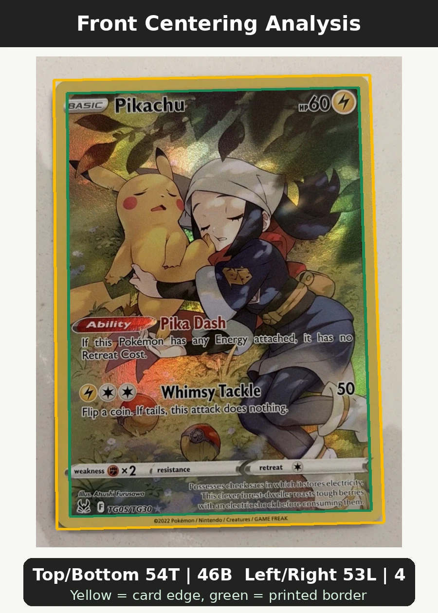 Pikachu TG05/196 Lost Origin front centering analysis showing Top/Bottom 54T | 46B and Left/Right 53L | 47R.