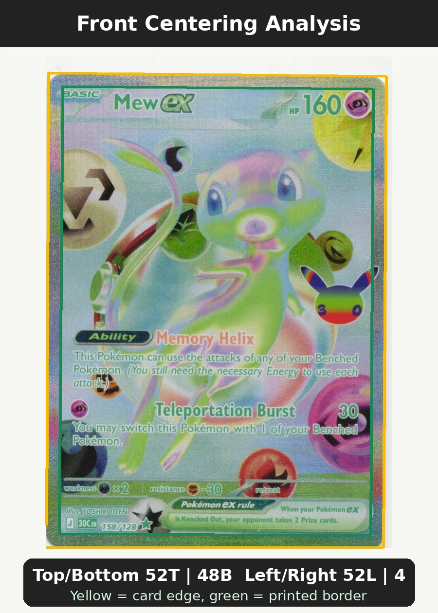 Mew ex 158/128 30th Celebration front centering analysis showing Top/Bottom 52T | 48B and Left/Right 52L | 48R.