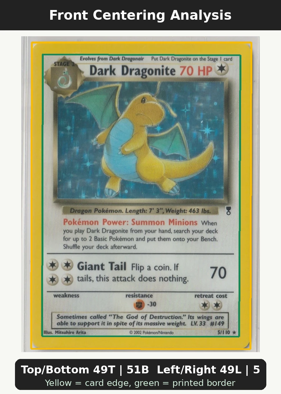 Dark Dragonite 005/110 Legendary Collection front centering analysis showing Top/Bottom 49T | 51B and Left/Right 49L | 51R.