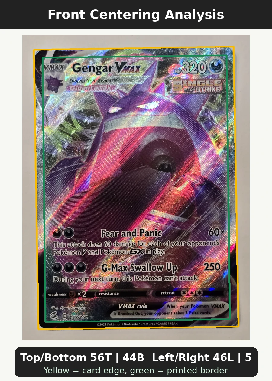 Gengar VMAX 157/264 Fusion Strike front centering analysis showing Top/Bottom 56T | 44B and Left/Right 46L | 54R.