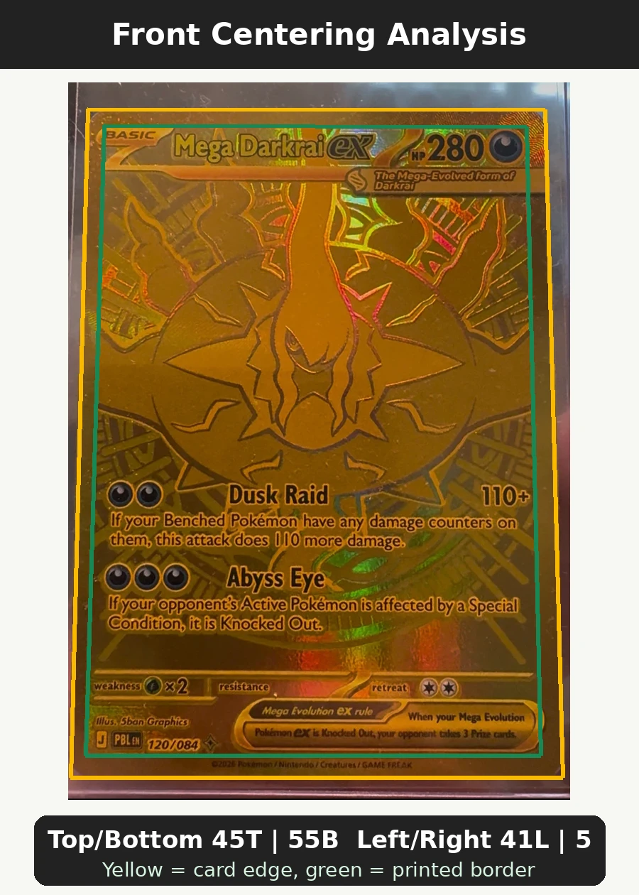 Mega Darkrai ex 120/84 Pitch Black front centering analysis showing Top/Bottom 45T | 55B and Left/Right 41L | 59R.