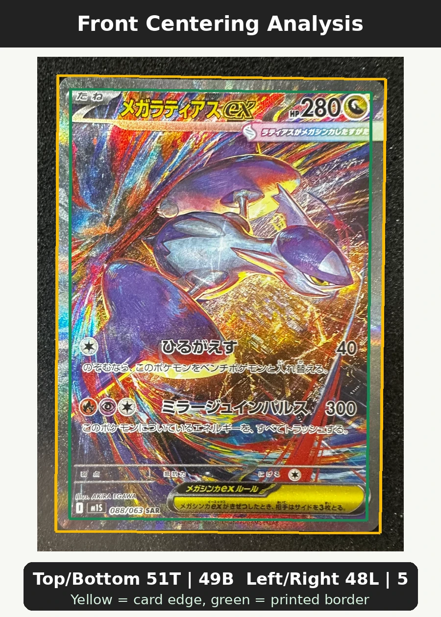 Mega Latias ex 181/132 Mega Evolution front centering analysis showing Top/Bottom 51T | 49B and Left/Right 48L | 52R.