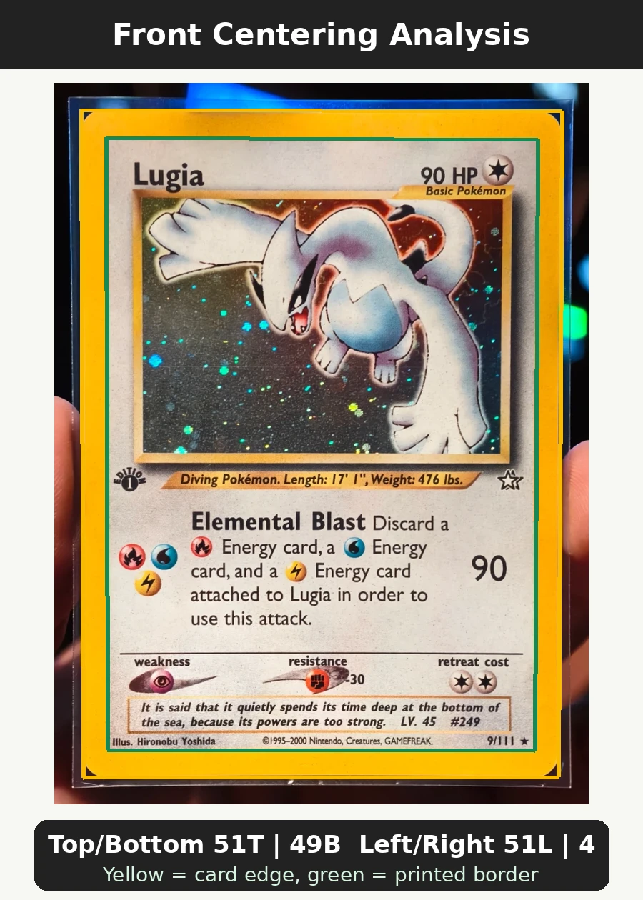 Lugia 009/111 Neo Genesis front centering analysis showing Top/Bottom 51T | 49B and Left/Right 51L | 49R.
