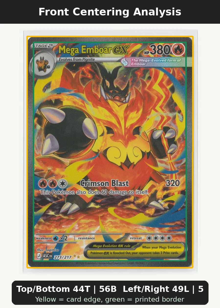 Mega Emboar ex 273/217 Ascended Heroes front centering analysis showing Top/Bottom 44T | 56B and Left/Right 49L | 51R.