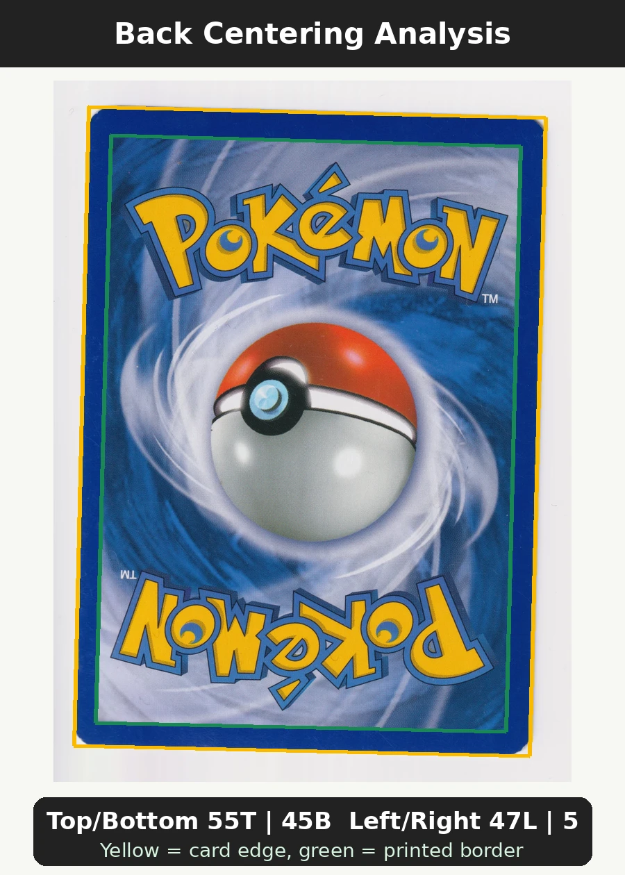 Rayquaza C DP47/56 DP Black Star Promos back centering analysis showing Top/Bottom 55T | 45B and Left/Right 47L | 53R.
