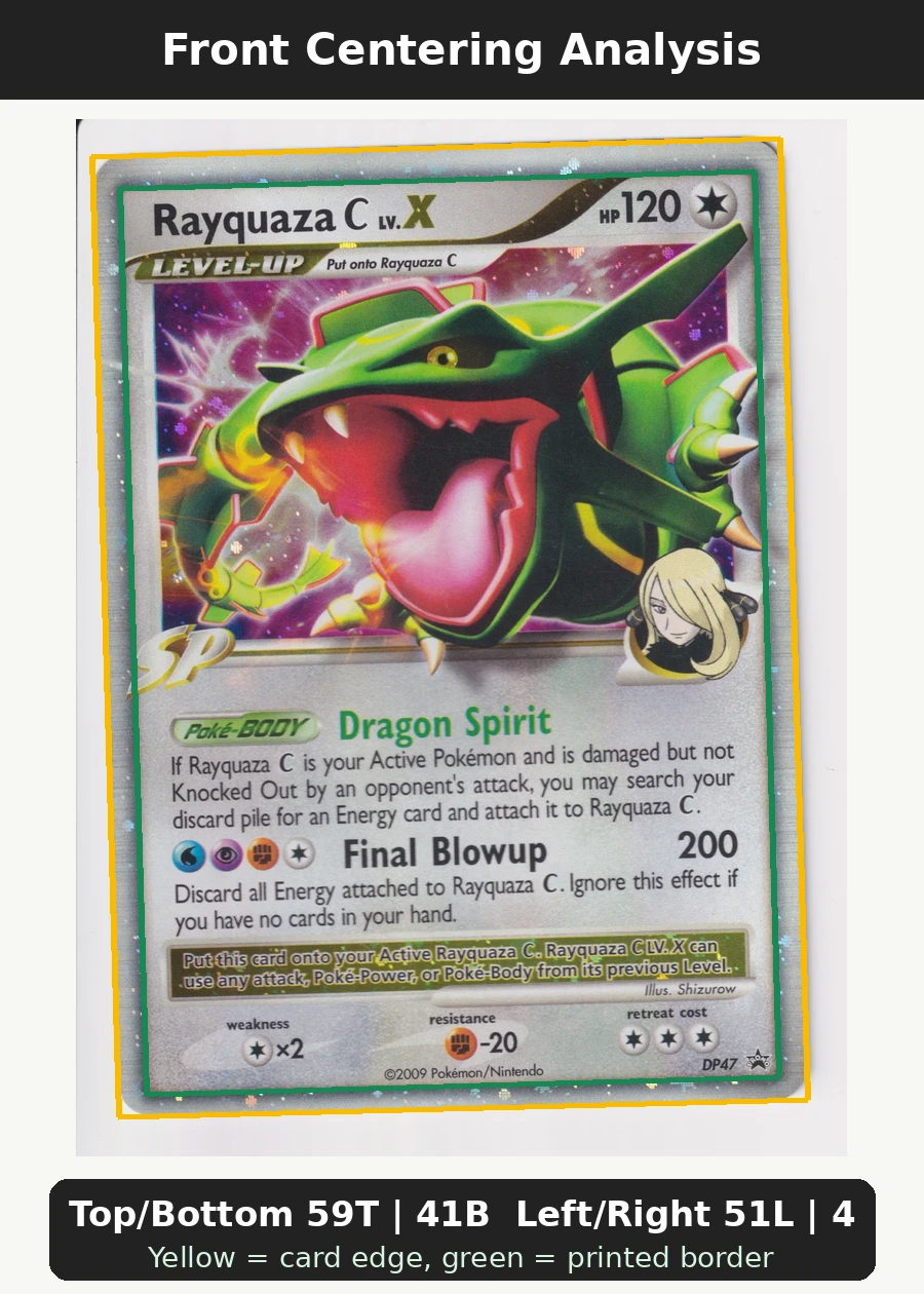 Rayquaza C DP47/56 DP Black Star Promos front centering analysis showing Top/Bottom 59T | 41B and Left/Right 51L | 49R.