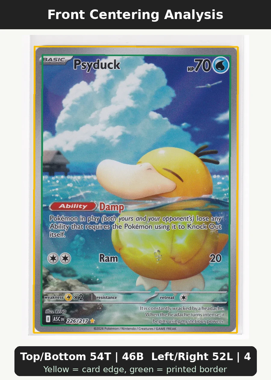 Psyduck 226/217 Ascended Heroes front centering analysis showing Top/Bottom 54T | 46B and Left/Right 52L | 48R.