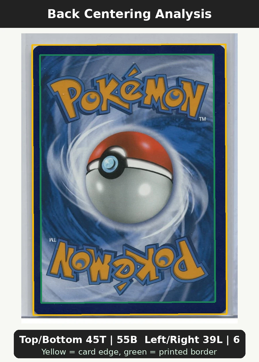 Numel 013/78 Pokémon GO back centering analysis showing Top/Bottom 45T | 55B and Left/Right 39L | 61R.
