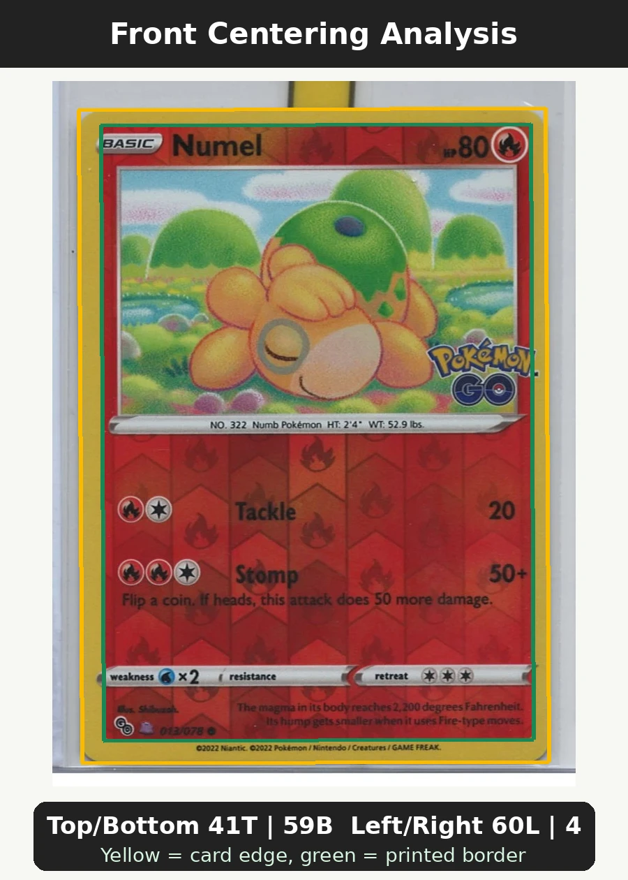 Numel 013/78 Pokémon GO front centering analysis showing Top/Bottom 41T | 59B and Left/Right 60L | 40R.