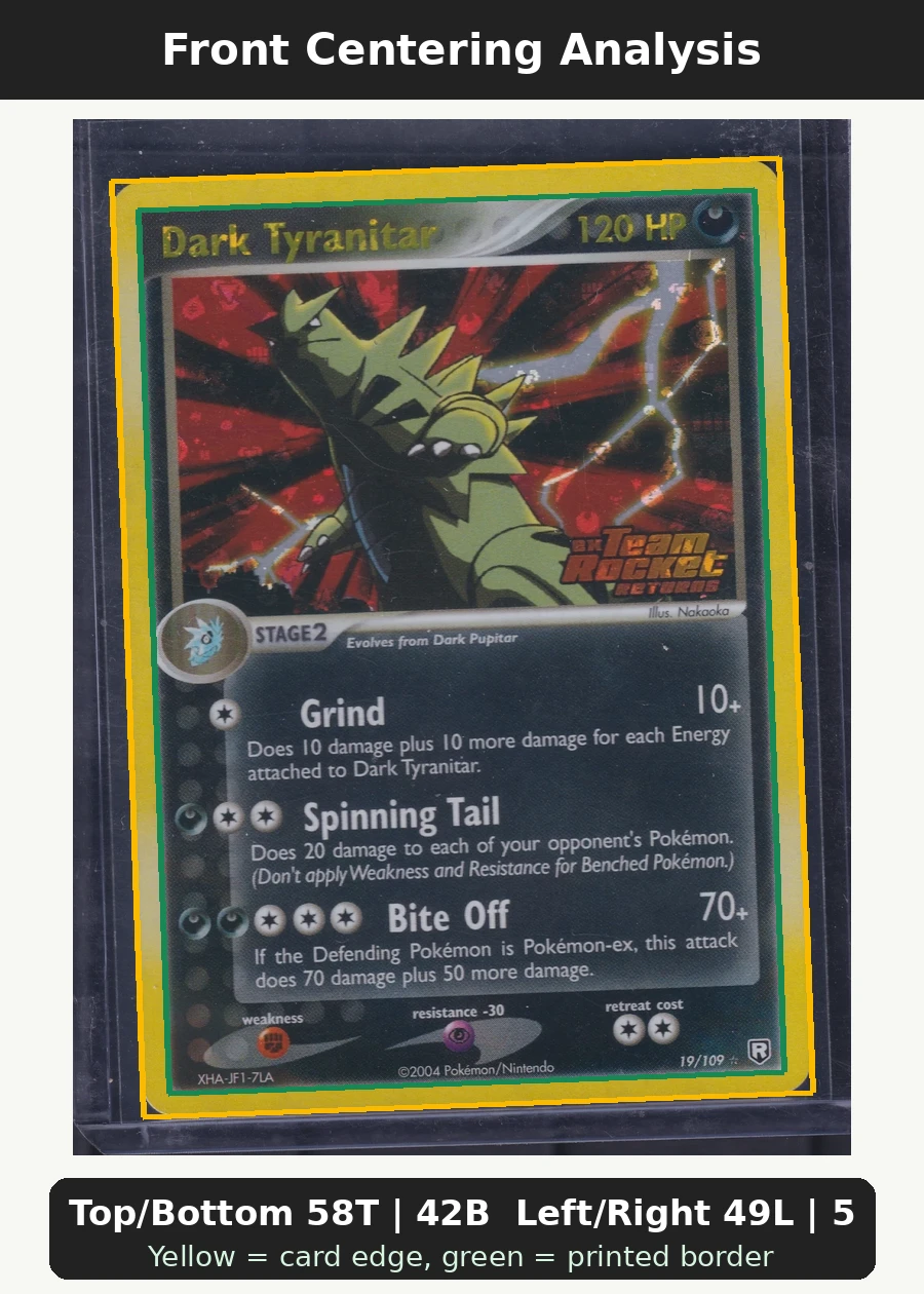 Dark Tyranitar 019/109 Team Rocket Returns front centering analysis showing Top/Bottom 58T | 42B and Left/Right 49L | 51R.