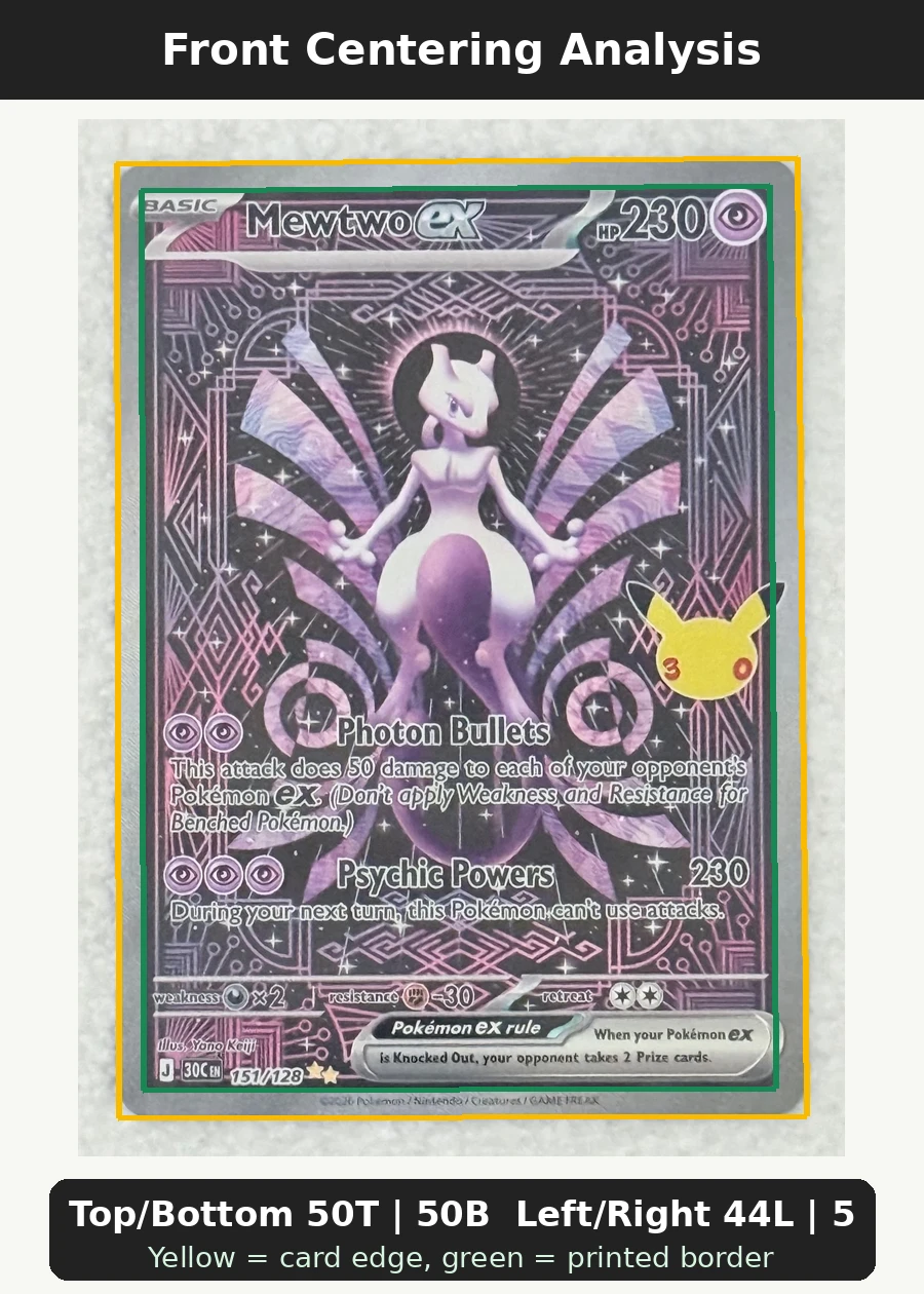 Mewtwo ex 151/128 30th Celebration front centering analysis showing Top/Bottom 50T | 50B and Left/Right 44L | 56R.