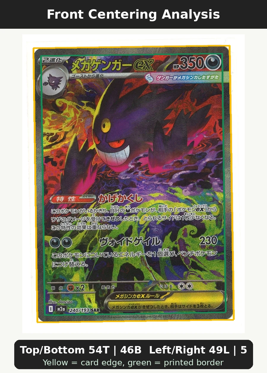 Mega Gengar ex 240/193 MEGA Dream ex front centering analysis showing Top/Bottom 54T | 46B and Left/Right 49L | 51R.