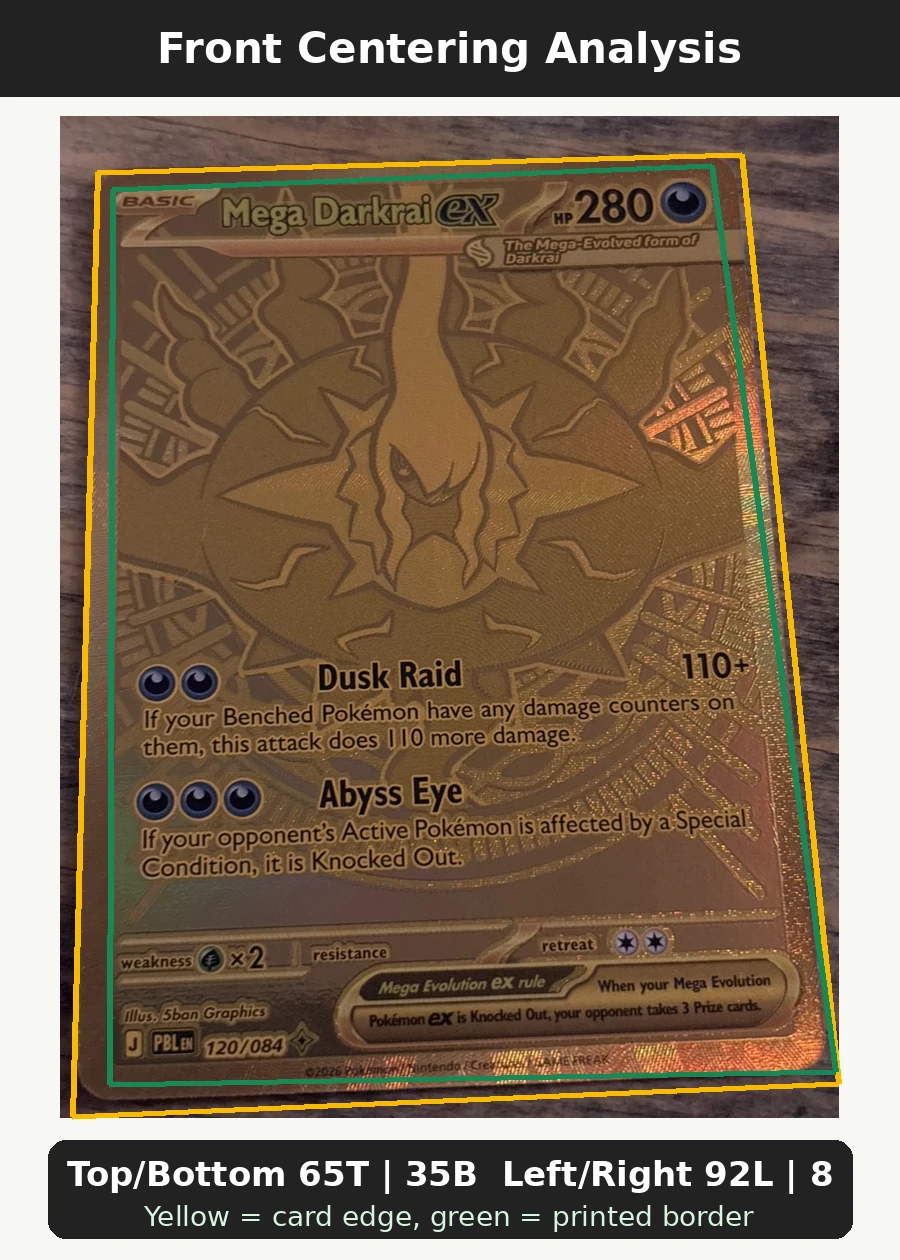 Mega Darkrai ex 120/84 Pitch Black front centering analysis showing Top/Bottom 65T | 35B and Left/Right 92L | 8R.