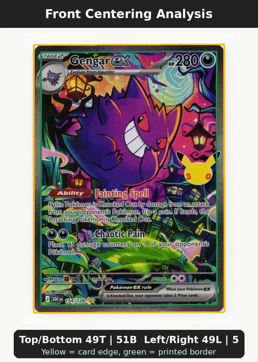 Gengar ex 154/128 30th Celebration front centering analysis showing Top/Bottom 49T | 51B and Left/Right 49L | 51R.