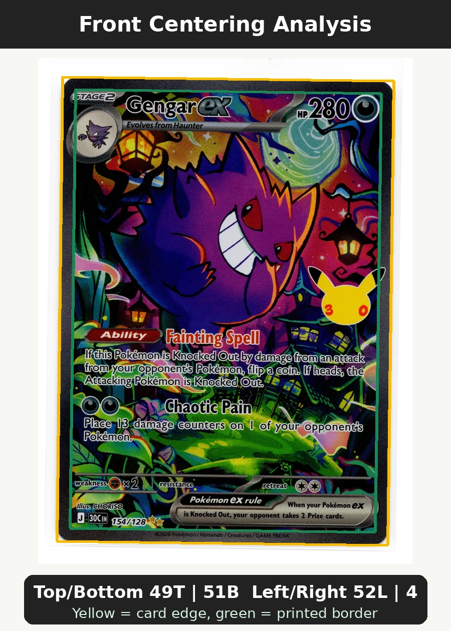 Gengar ex 154/128 30th Celebration front centering analysis showing Top/Bottom 49T | 51B and Left/Right 52L | 48R.