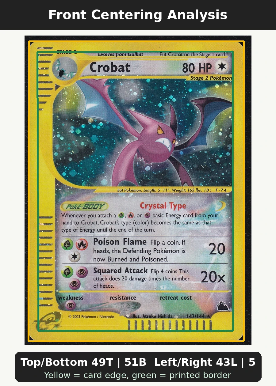 Crobat 147/144 Skyridge front centering analysis showing Top/Bottom 49T | 51B and Left/Right 43L | 57R.
