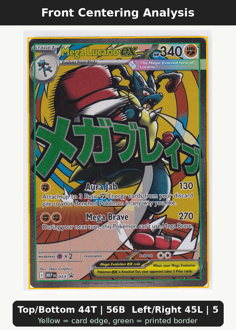 Mega Lucario ex 033 MEP Black Star Promos front centering analysis showing Top/Bottom 44T | 56B and Left/Right 45L | 55R.
