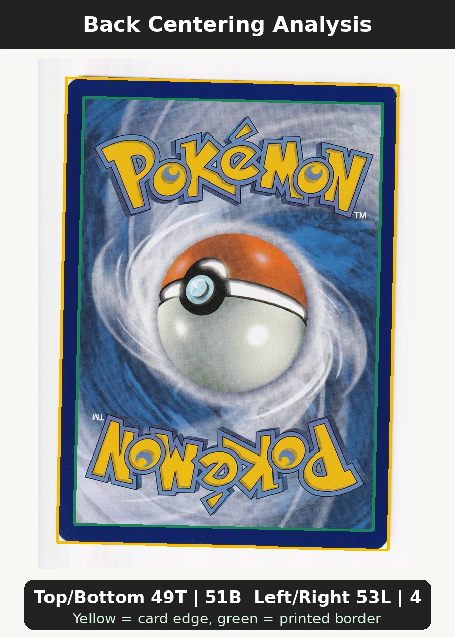 Meowth ex 107/88 Perfect Order back centering analysis showing Top/Bottom 49T | 51B and Left/Right 53L | 47R.