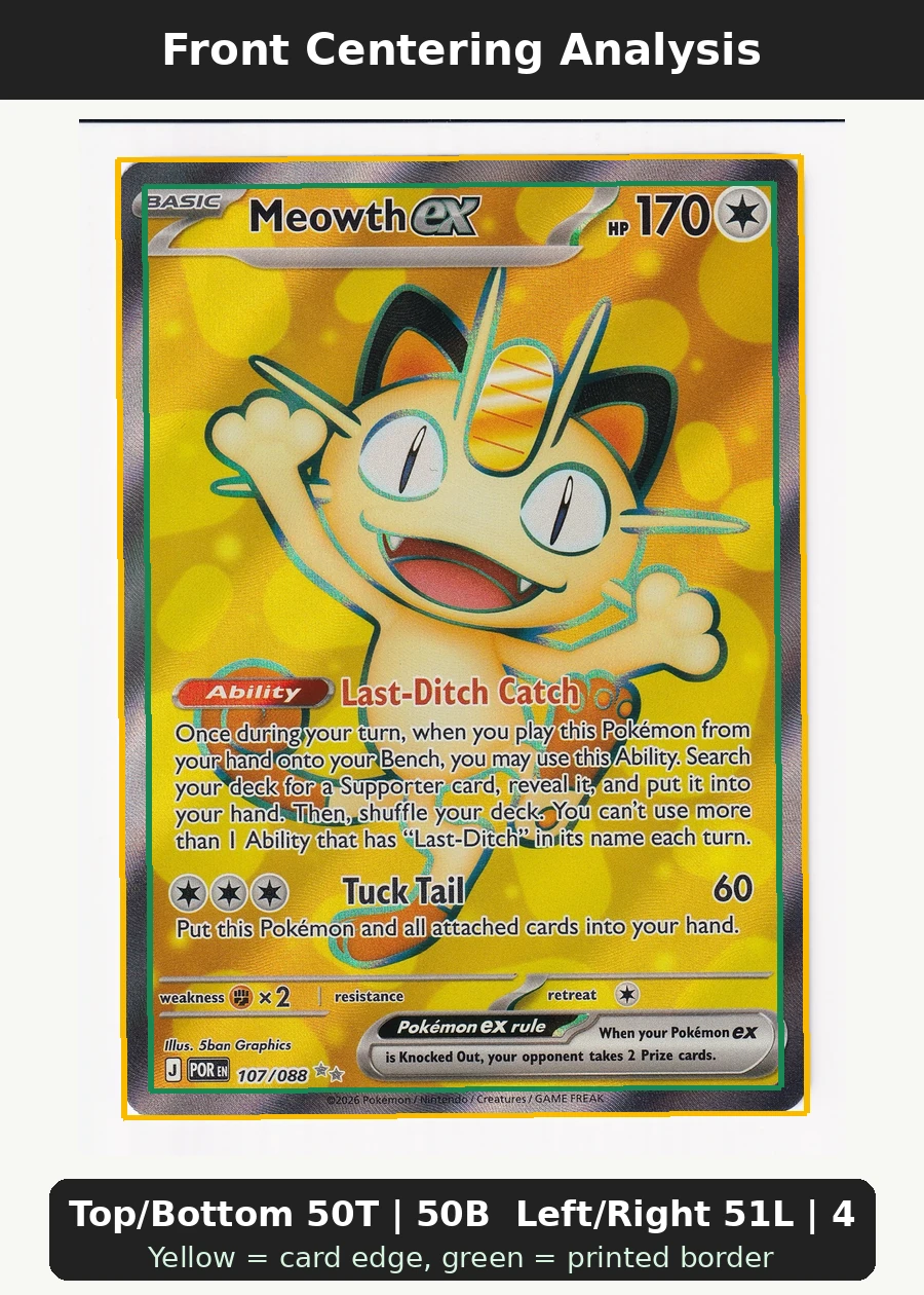 Meowth ex 107/88 Perfect Order front centering analysis showing Top/Bottom 50T | 50B and Left/Right 51L | 49R.