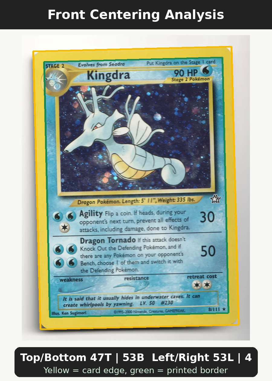 Kingdra 008/111 Neo Genesis front centering analysis showing Top/Bottom 47T | 53B and Left/Right 53L | 47R.