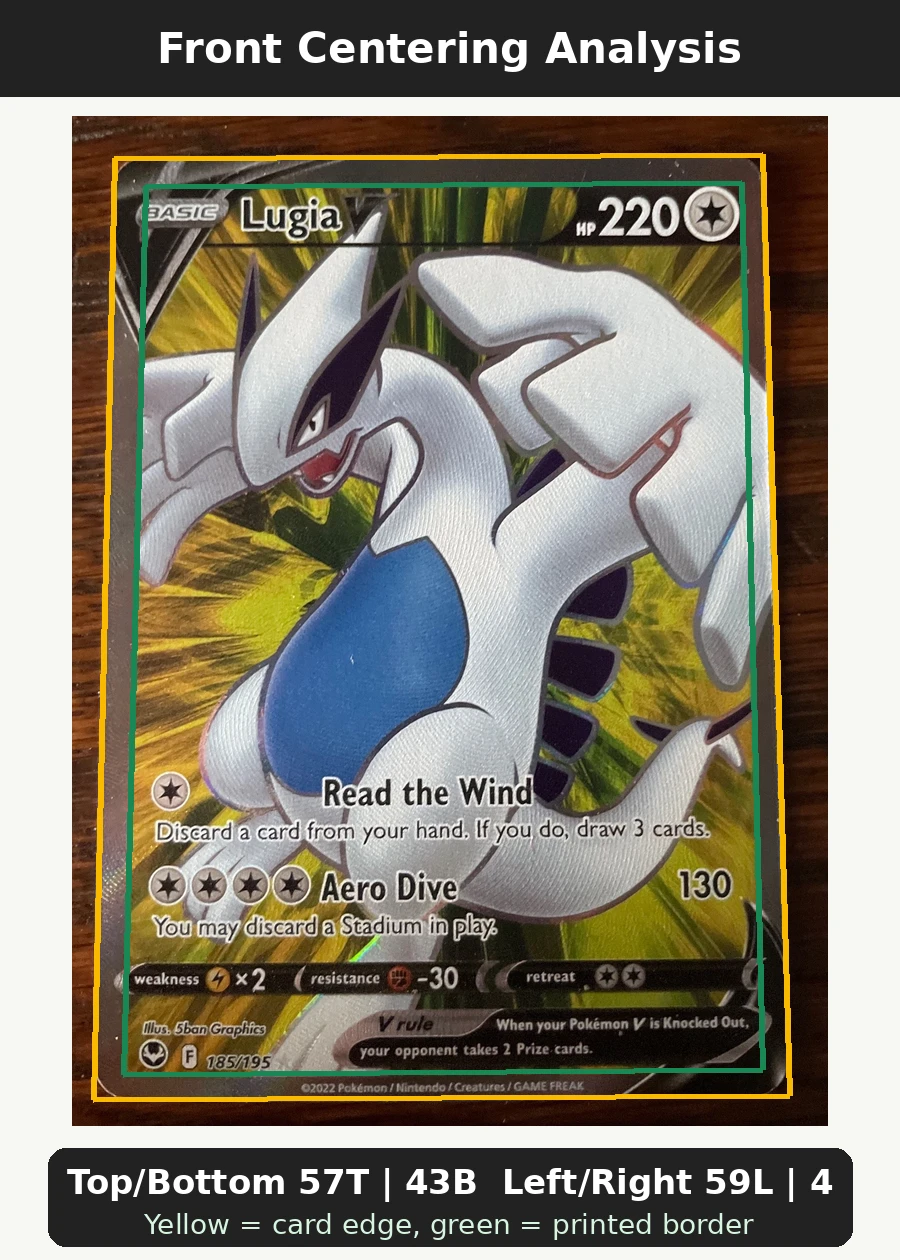 Lugia V 185/195 Silver Tempest front centering analysis showing Top/Bottom 57T | 43B and Left/Right 59L | 41R.