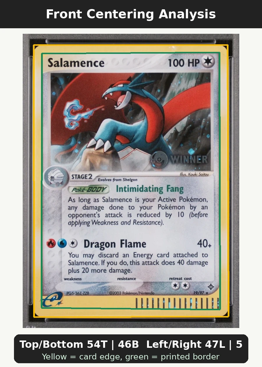 Salamence 019/97 Dragon front centering analysis showing Top/Bottom 54T | 46B and Left/Right 47L | 53R.
